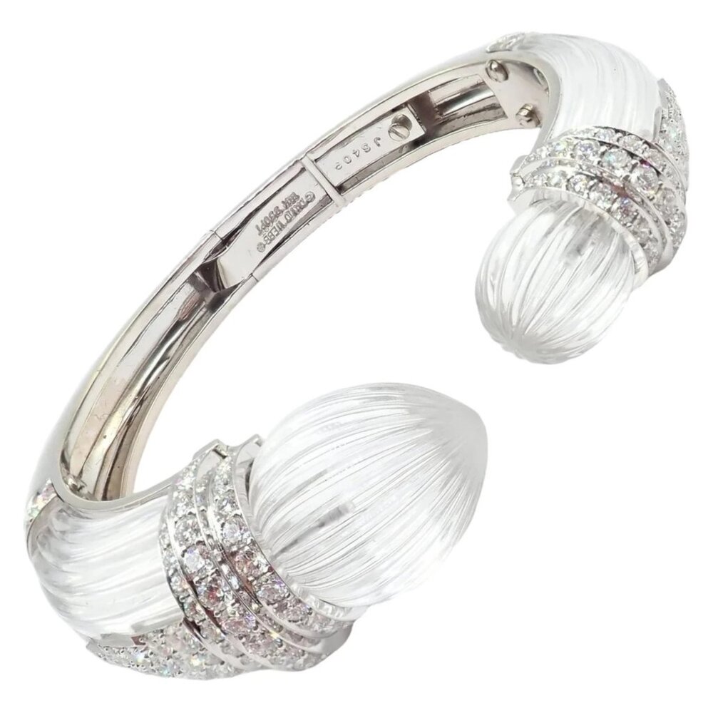 Authentic! David Webb 18k Gold & Platinum Diamond Rock Crystal Bangle Bracelet